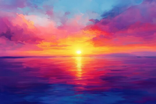 An abstract painting of a sunset over a calm sea, with vibrant colors blending in the sky and water.