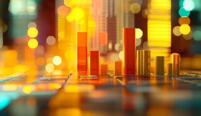 Abstract city skyline with glowing bar graph.