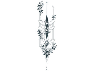 Celestial Crystal Bee With crescent Moon, harmony  vertical alignment, Tattoo Line Silhouette.