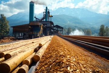 Wood processing plant transforming logs into lumber in mountain scenery