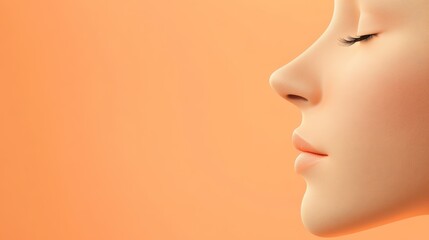 Profile of a woman breathing, showing perfect nose and lips after rhinoplasty surgery, cosmetology and beauty treatment, smelling and respiration concept on orange background