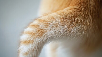 Fototapeta premium Close-up of a fluffy orange cat's tail with white stripes, exhibiting a soft and textured appearance, creating a cozy and playful atmosphere