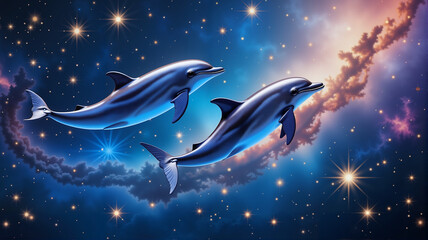 Playful dolphins leaping through cosmic ocean of stars, celestial wonder