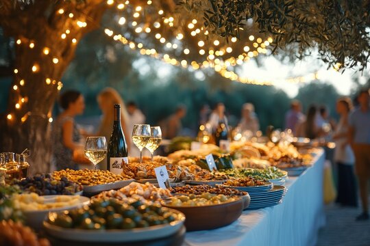 Guests enjoying catering buffet table at outdoor party with string lights - Powered by Adobe