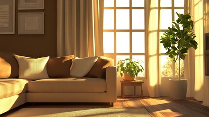 Fototapeta premium Sunlit living room interior with comfortable sofa and greenery