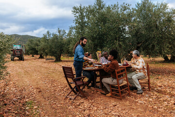 Farmers having lunch in olive grove after harvesting olives