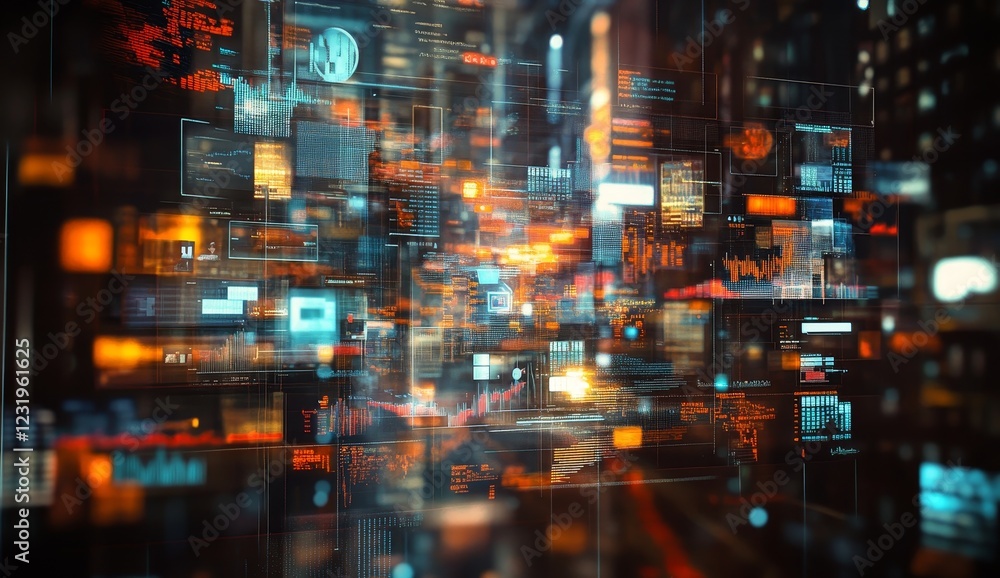 Poster abstract digital data streams and futuristic interfaces.
