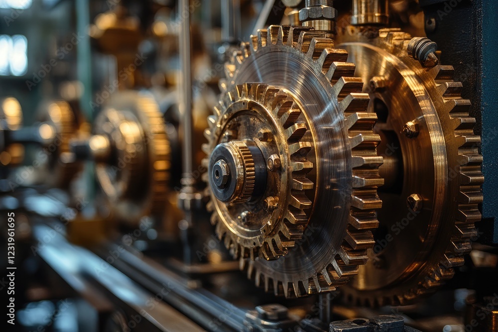 Leinwandbilder close up view of interlocking gears rotating in complex machinery