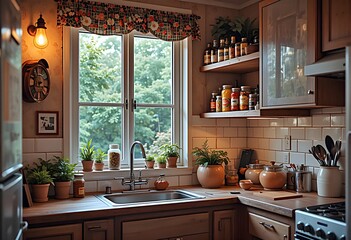 Fototapeta premium Compact kitchen with spice jars on the window