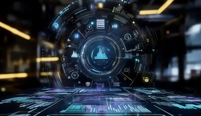 Futuristic digital interface with holographic data and graphs displayed on a dark surface.