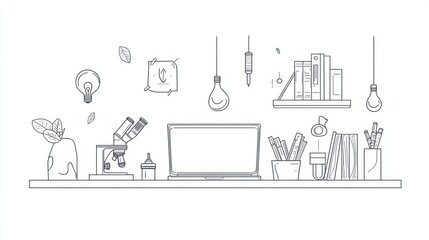 Modern workspace laptop microscope books study