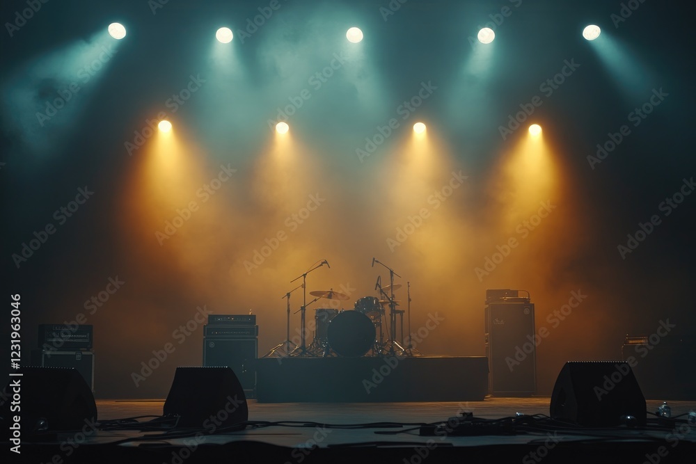Poster drum set and amplifiers waiting for the band on a foggy stage illuminated by spotlights