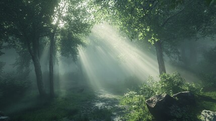 Fototapeta premium Sunbeams pierce misty forest, creating ethereal path; background shows dense foliage; ideal for fantasy, nature, or tranquility themes