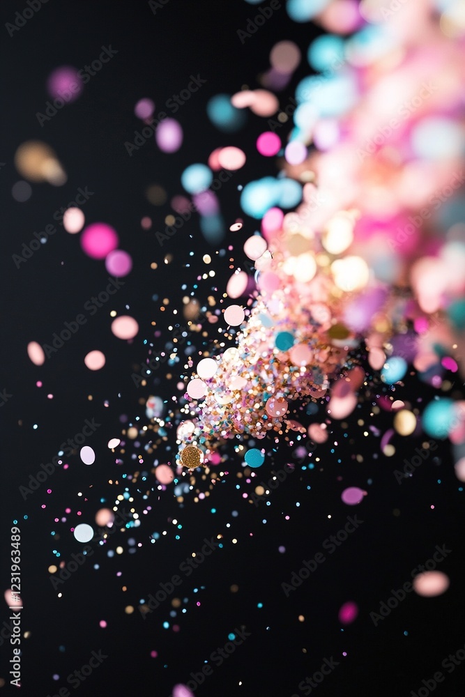 Poster colorful sequins create a lively and dynamic display, scattered across a dark background. the arrang