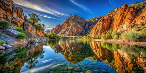 Naklejka premium Dramatic reflections of ancient rocks in the surface of a peaceful lake at Glen Helen Gorge, surrounded by majestic trees and hills , rock formations, lake