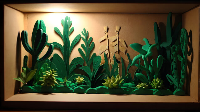 shadowbox scene green plants from plasticine