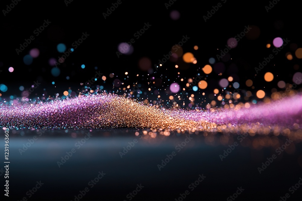 Aufkleber vibrant sequins in various colors burst across a clean black background, illuminated by soft glowing