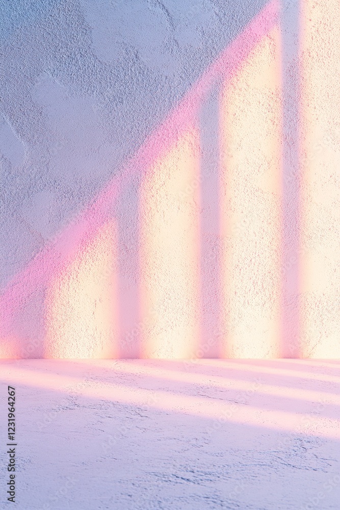 Poster a bright neon light source projects vivid colors onto a textured white wall, forming abstract shapes