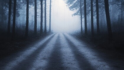 Fototapeta premium A misty forest path surrounded by tall trees, leading into an ethereal light, creating a tranquil yet mysterious atmosphere.