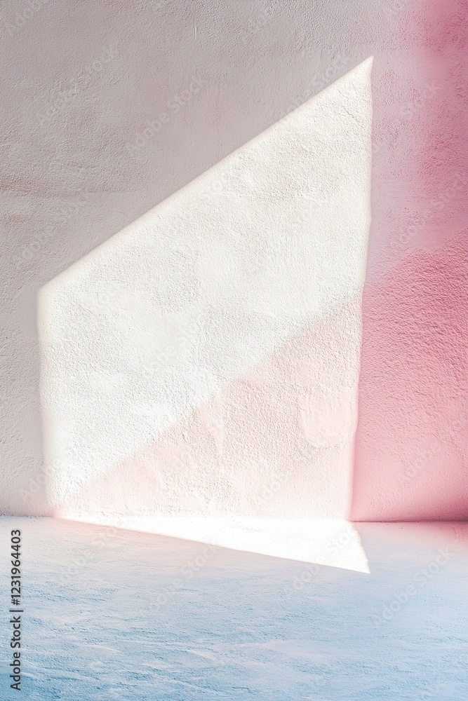 Poster bright neon light creates a range of colorful shadows in abstract shapes on textured white wall, enh