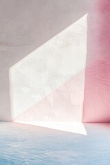 Bright neon light creates a range of colorful shadows in abstract shapes on textured white wall, enhancing the clean negative space ideal for additional text