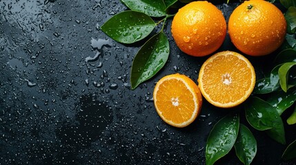 Fresh whole and sliced oranges with water droplets and green leaves on a black background. Copy space for text