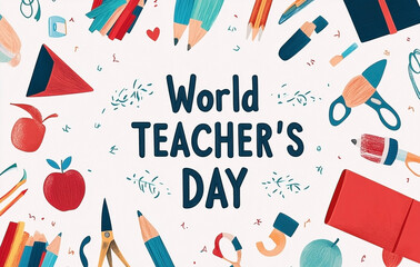 World Teacher's Day flat vector background with school supplies