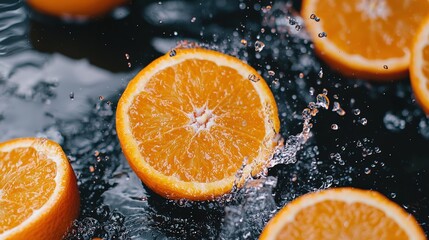 Juicy oranges with water splashes on a black background, macro photography