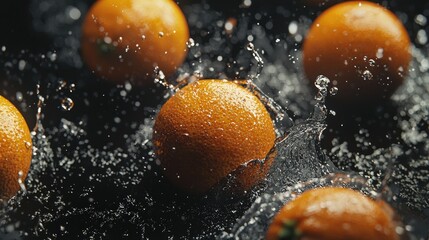 Whole oranges with water droplets and splashes on a black background. Macro photography highlights the natural texture of citrus fruits, creating a juicy, fresh, and dynamic composition.