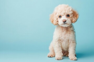 adorable cream-colored miniature poodle puppy with soft curls sitting alert against powder blue backdrop, professional studio lighting