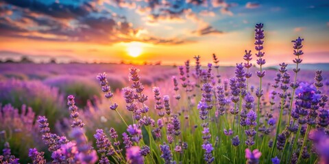 Serene Sunset Over a Lavender Field, Bathed in Golden Light and Delicate Purple Hues