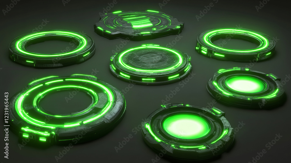 Poster neon green circle portal or platform with light glow overlay effect. realistic vector set of futuris