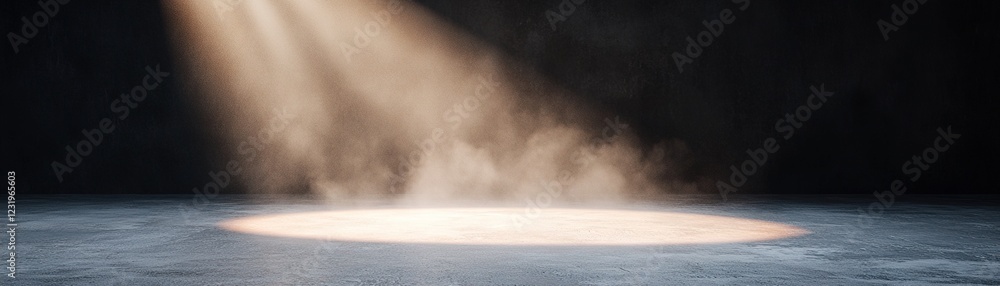 Poster a warm spotlight shines down, creating a circular glow on a gray floor. dust particles dance in the 
