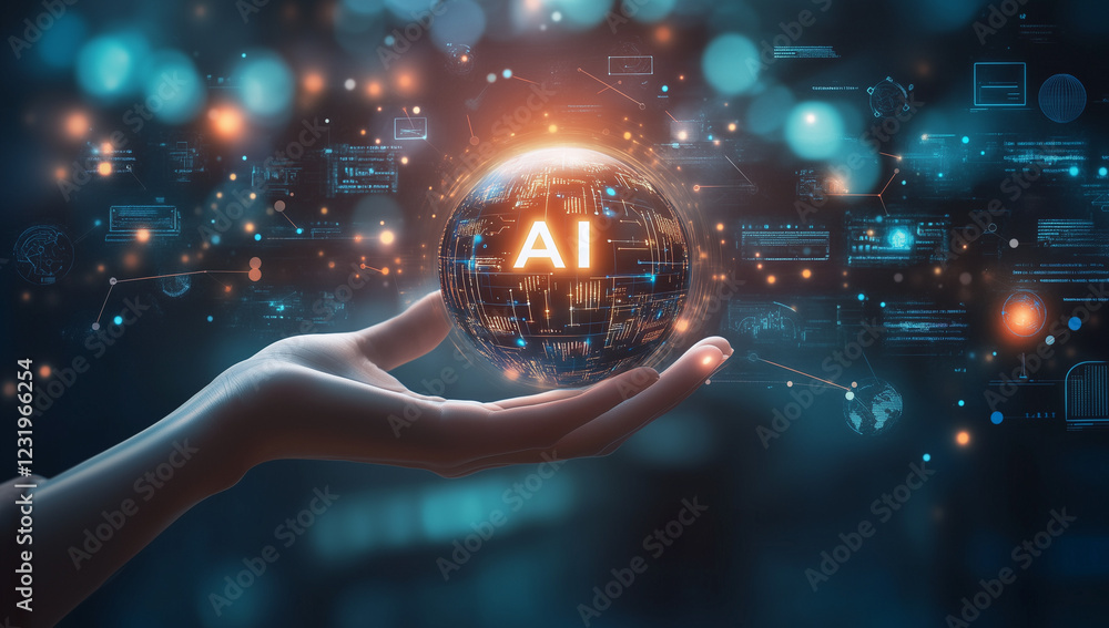 Poster a hand holding a sphere marked with 'ai,' surrounded by digital data and technology symbols. this im