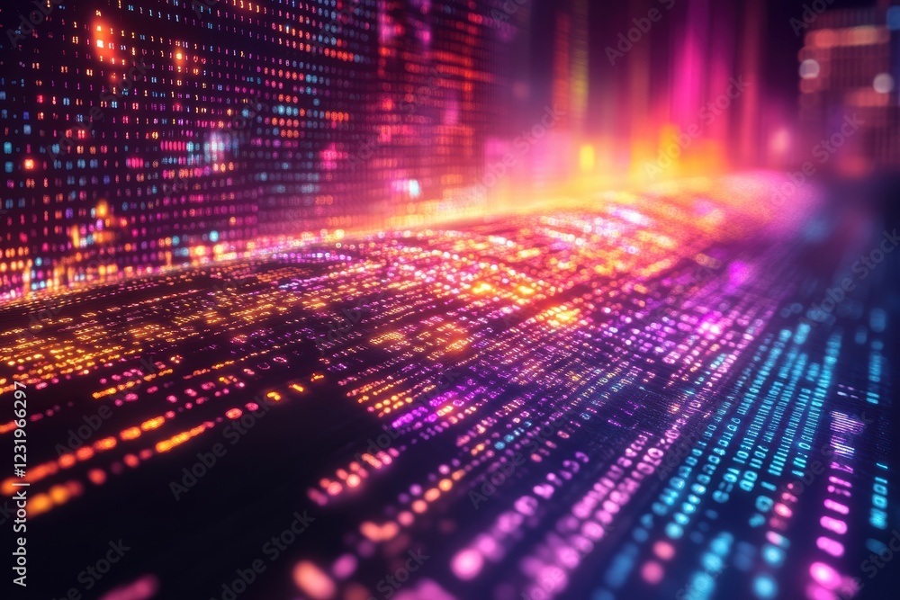 Poster A vibrant digital landscape illuminated by colorful streams of data, showcasing the beauty of technology in a mesmerizing visual display.