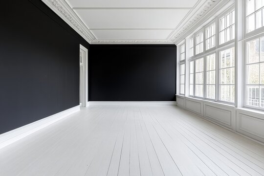 Empty room with white floor, black walls, and large windows.
