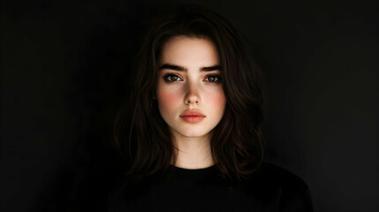 Fototapeta premium Woman, dark hair, portrait, black background, beauty