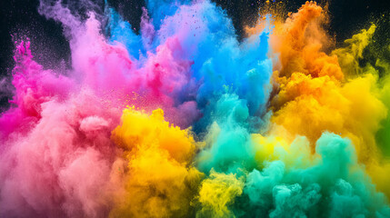 Color powder explosions isolated on black background. Splash and spray of paint dust with particles. Vector realistic set of burst effect of colorful powder clouds