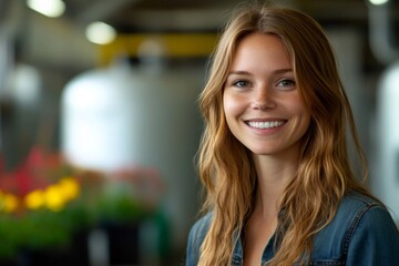 Young female agricultural engineer smiling in greenhouse