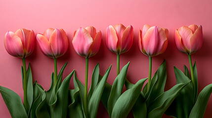 Fototapeta premium Pink flowers are arranged in a row, with their stems sticking out of the ground. The flowers are tall and slender, with green leaves at the bottom
