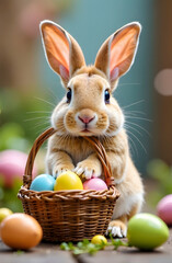 Cute Easter bunny sitting with a basket of colored eggs. Easter concept.
