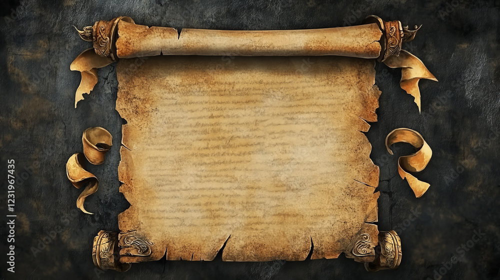 Poster parchment scroll and long ribbon with empty space for text. magic game ui icons and assets of papyru