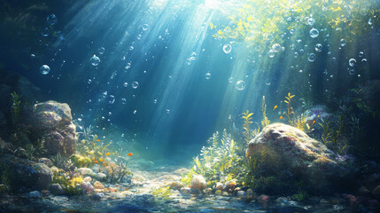 Fototapeta premium Seabed with corals and weeds, stones and bubbles. Deep underwater sea, ocean or aquarium sand bottom with marine plants and fishes. Cartoon nautical floor landscape with tropical aquatic creatures.