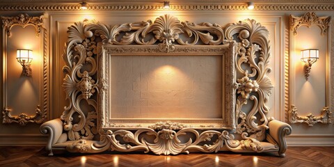 A beautiful, ornate frame with intricate carvings and soft, warm lighting in a living room setting , home decor