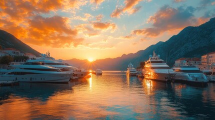 Luxury yachts docked in picturesque bay at sunset in montenegro