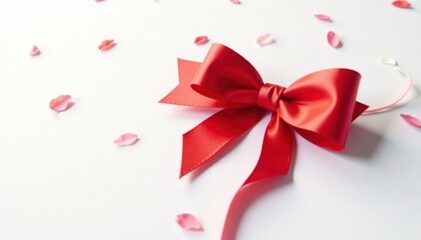 Bright crimson bow, loosely tied atop pure white backdrop, bright, texture
