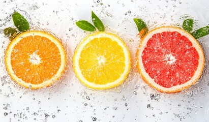 Three citrus fruit halves (orange, lemon, grapefruit) splashing in water.