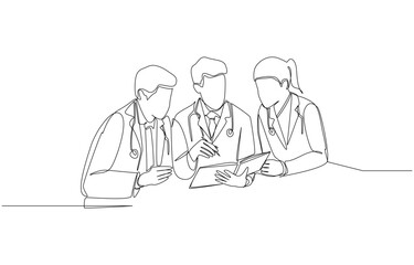 Continuous one line drawing of new male doctor consulting with colleagues about patient's health case, medical team concept, single line art