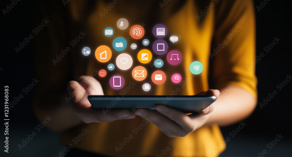 Poster a person holding an ipad with icons of social media and mobile app features floating above it, repre