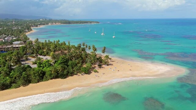 Palm trees at sandy beach along turquoise Caribbean sea with sailing yachts. PLAYA PUNTA POPY, LAS TERRENAS, SAMANA, Dominican Republic. Aerial rising wide shot.